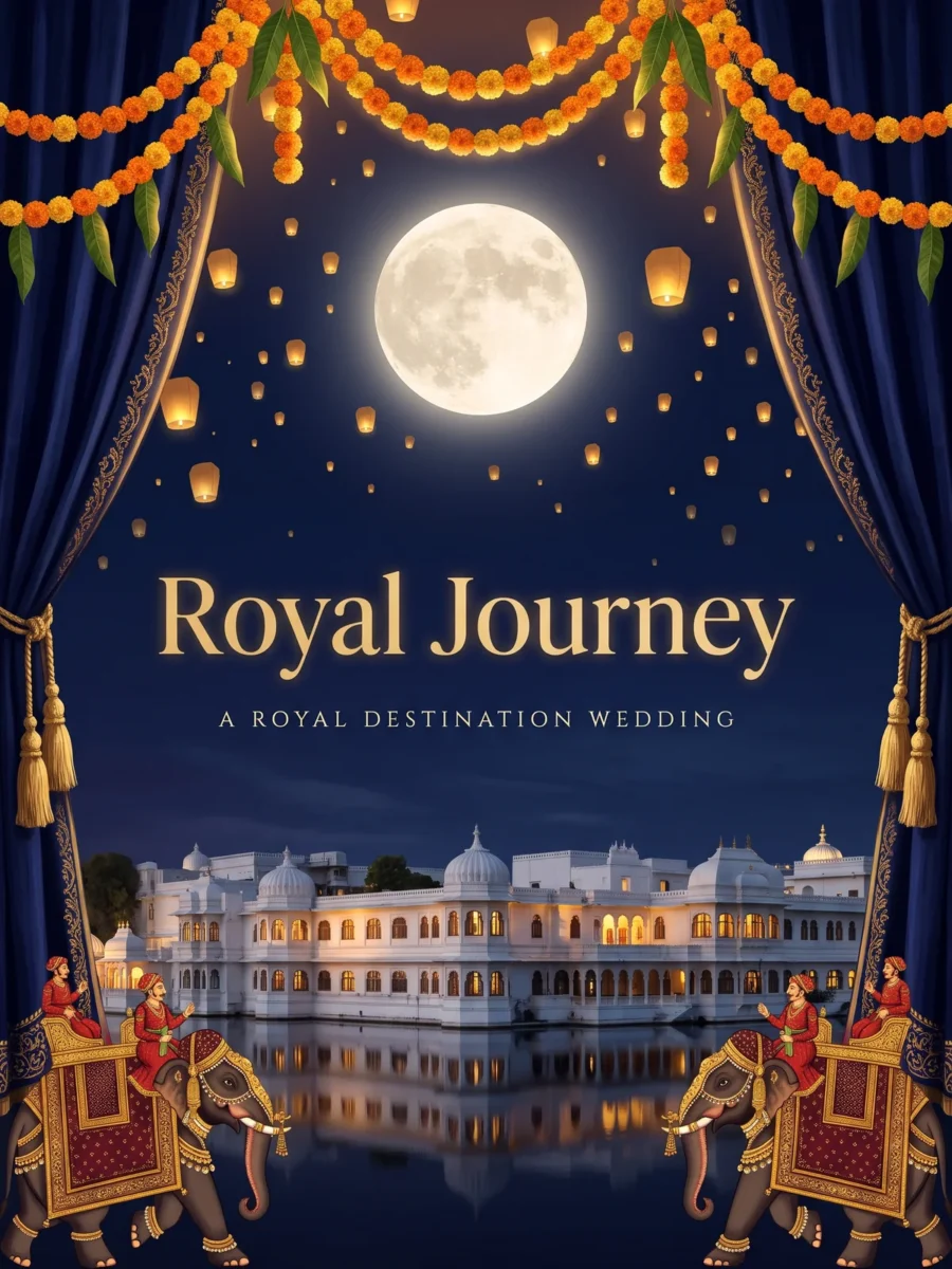 Royal Journey wedding invitation design: a moonlit lake palace framed by velvet curtains