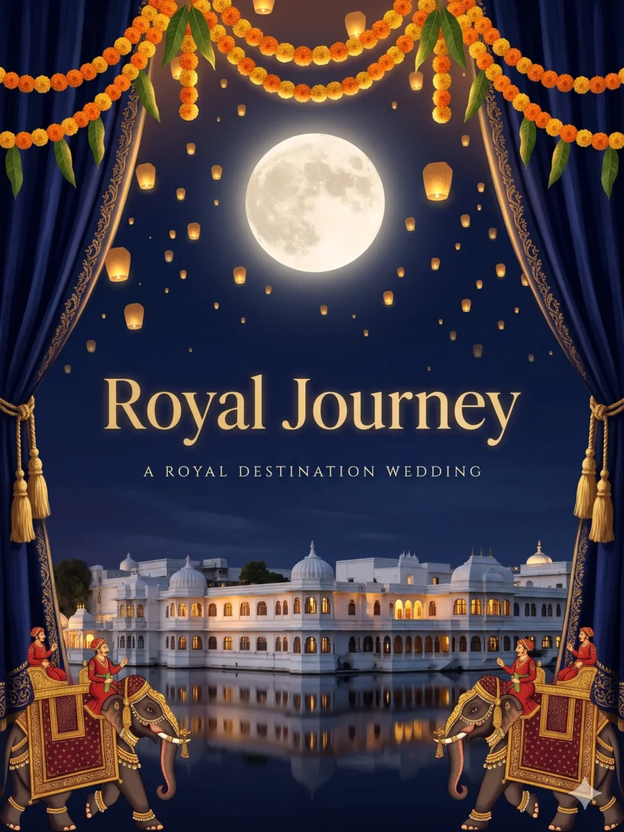 Royal Journey wedding invitation design: a moonlit lake palace framed by velvet curtains