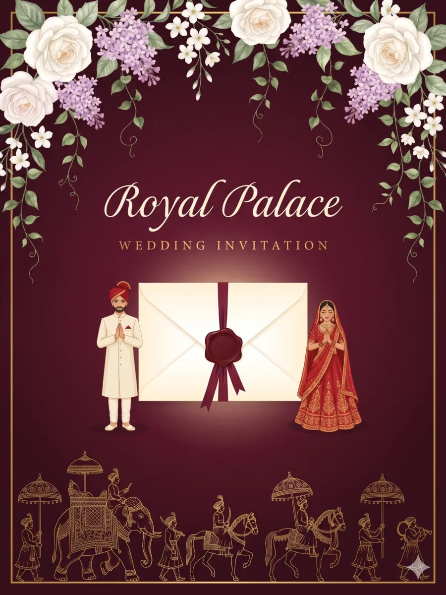 Royal Palace wedding invitation design: an illustrated bride and groom beside a sealed envelope