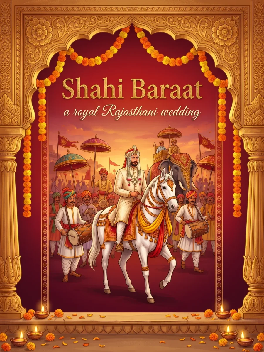 Shahi Baraat wedding invitation design: a groom on a white horse leads a royal baraat through a marigold-hung Rajput arch