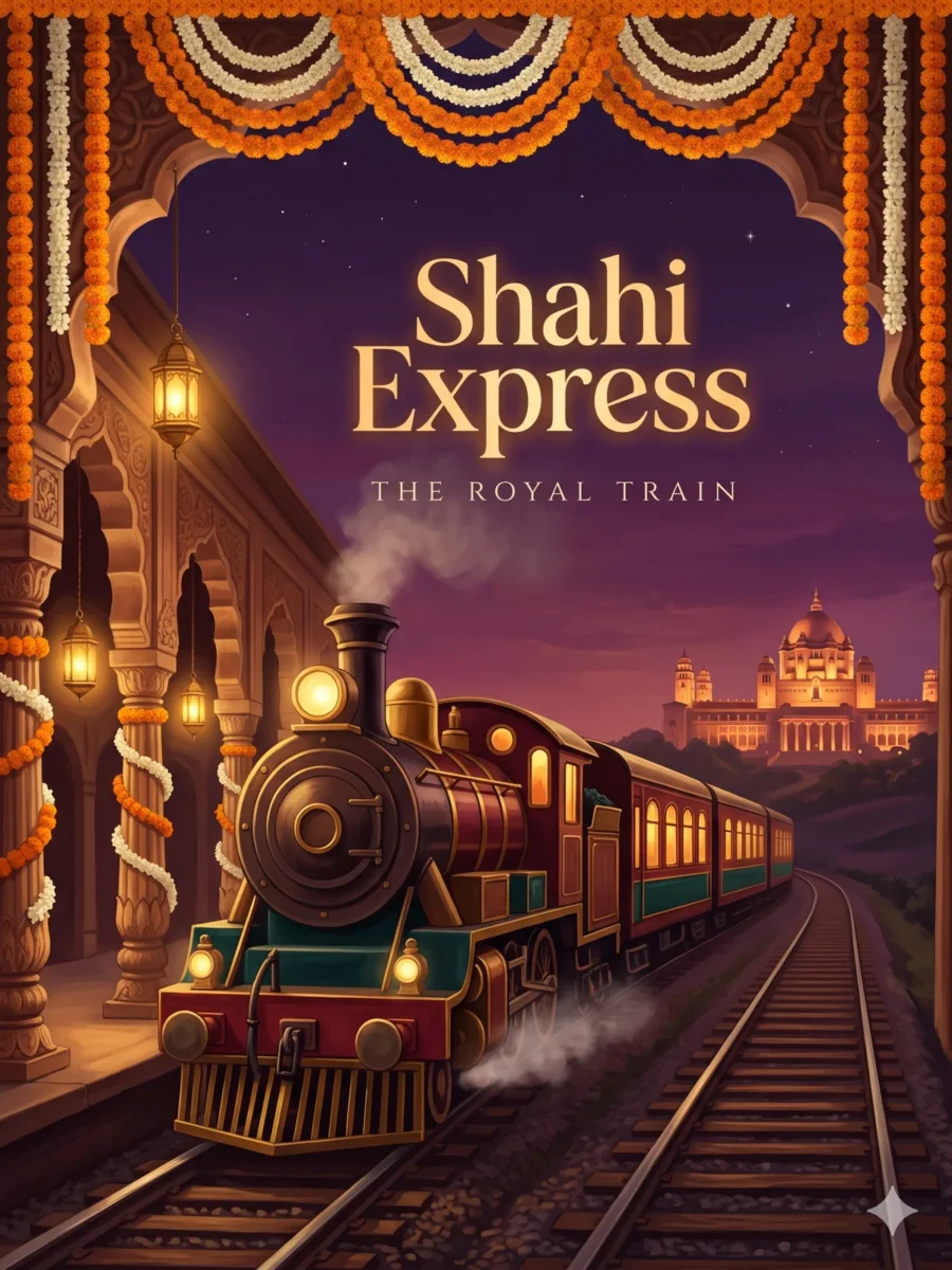 Shahi Express wedding invitation design: a royal steam train at a garlanded station